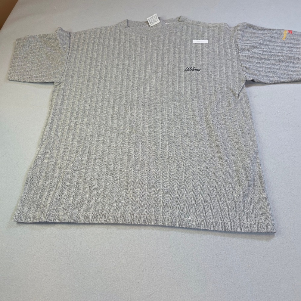 Vintage Cal Cru Perkins Restaurant T Shirt Gray Herringbone Ribbed USA Made L